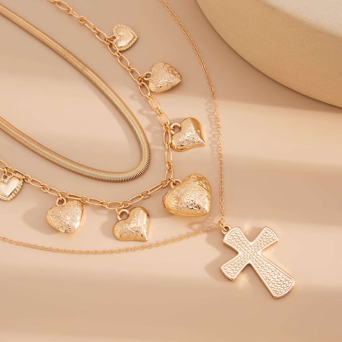 Trendy Layered Floral Heart Cross Pendant Snake Chain Necklace Set - ArtGalleryZen