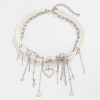Thumbnail for Trendy Layered Heart Pendant Star Cross Tassel Pearl Chain Necklace - ArtGalleryZen