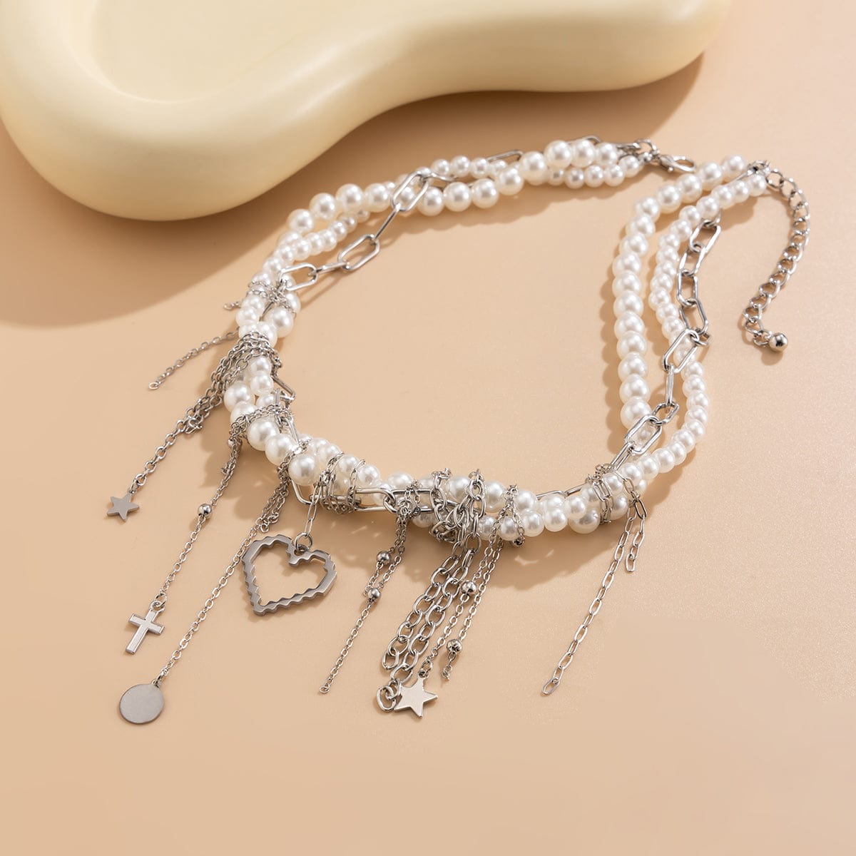Trendy Layered Heart Pendant Star Cross Tassel Pearl Chain Necklace - ArtGalleryZen