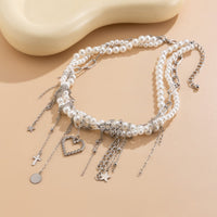 Thumbnail for Trendy Layered Heart Pendant Star Cross Tassel Pearl Chain Necklace - ArtGalleryZen