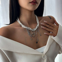 Thumbnail for Trendy Layered Heart Pendant Star Cross Tassel Pearl Chain Necklace - ArtGalleryZen