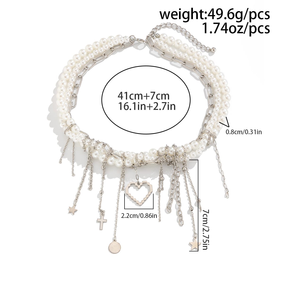 Trendy Layered Heart Pendant Star Cross Tassel Pearl Chain Necklace - ArtGalleryZen
