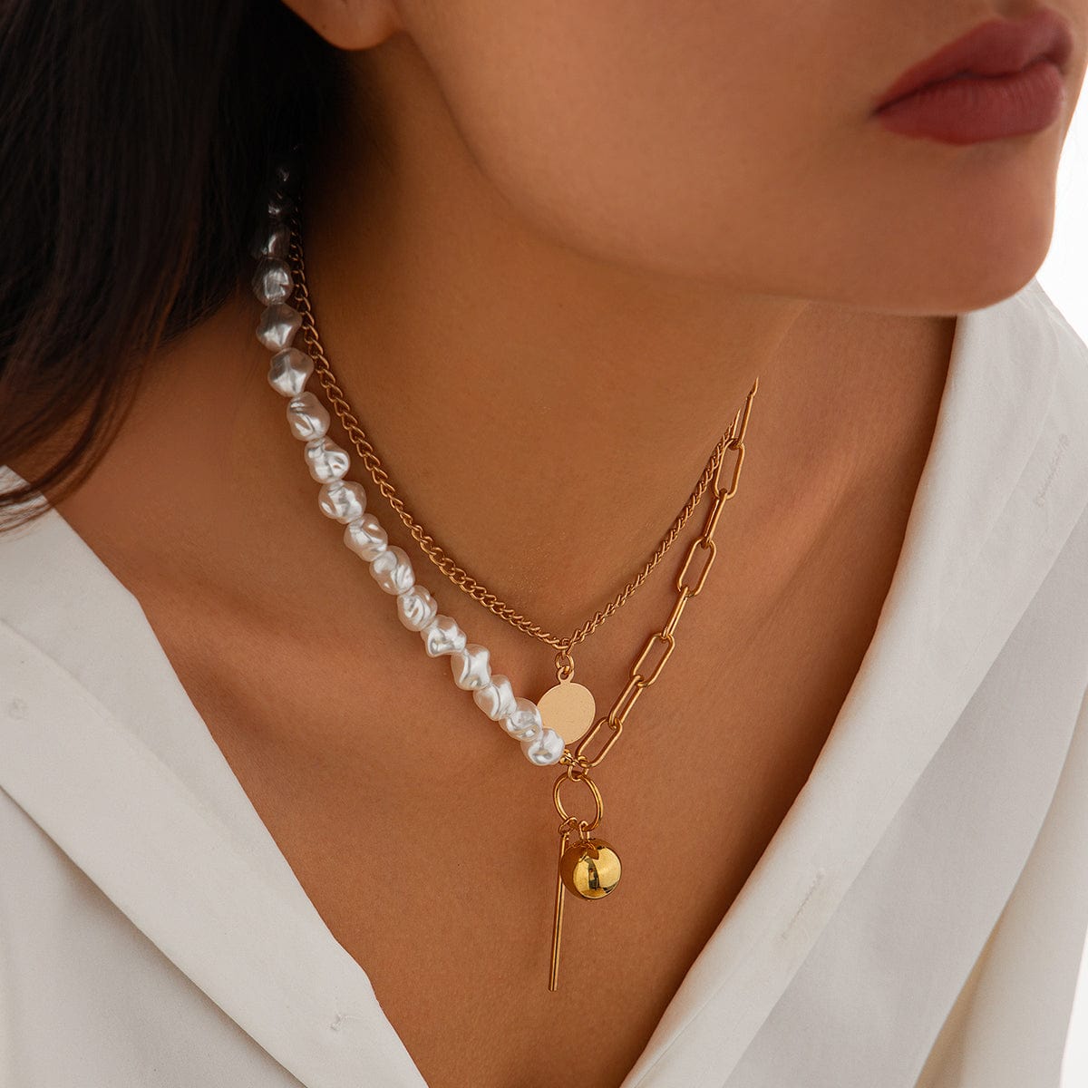 Trendy Layered Irregular Pearl Chain Round Disk Ball Pendant Necklace Set - ArtGalleryZen