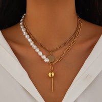 Thumbnail for Trendy Layered Irregular Pearl Chain Round Disk Ball Pendant Necklace Set - ArtGalleryZen