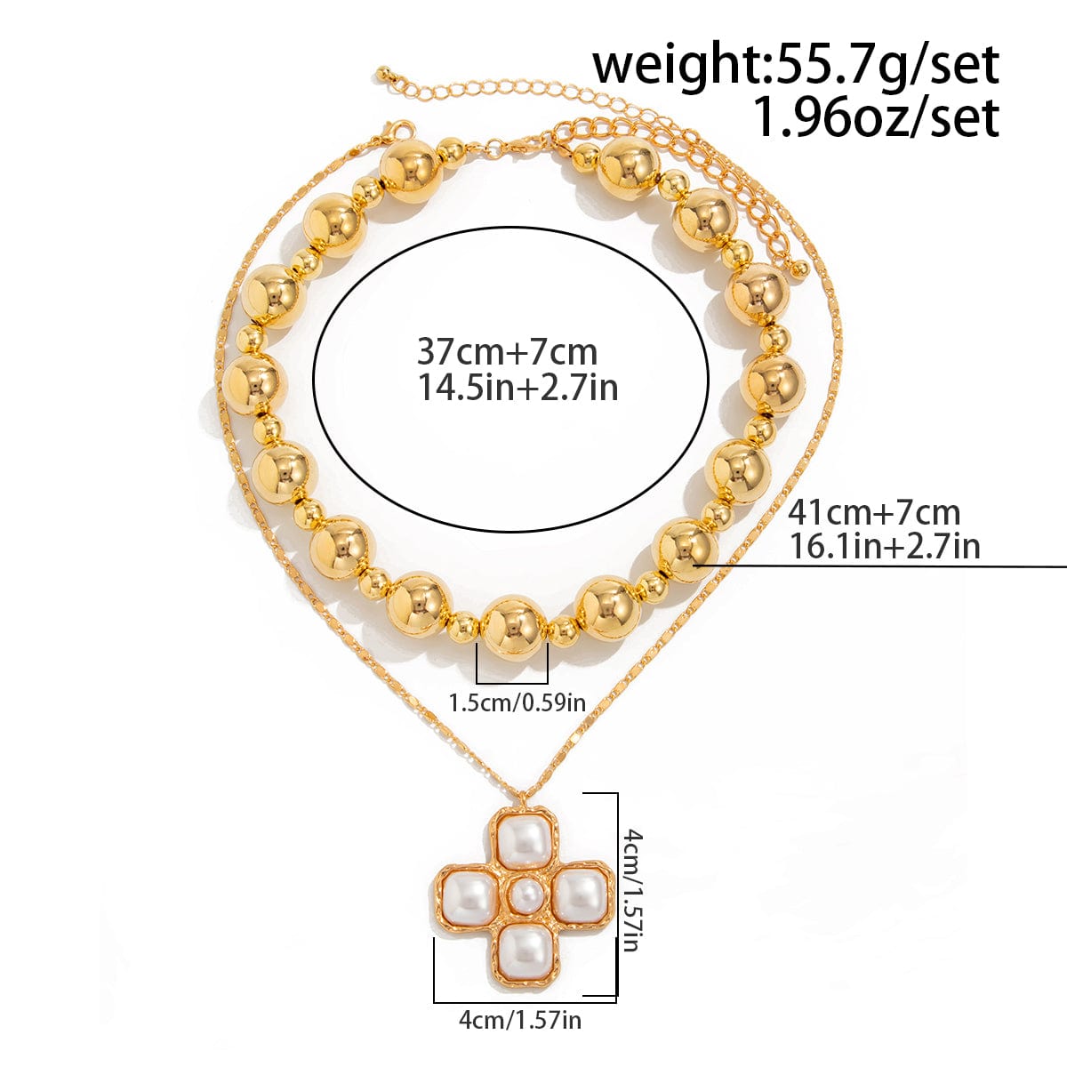 Trendy Layered Pearl Inlaid Cross Pendant Ball Chain Necklace Set - ArtGalleryZen