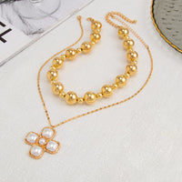 Thumbnail for Trendy Layered Pearl Inlaid Cross Pendant Ball Chain Necklace Set - ArtGalleryZen