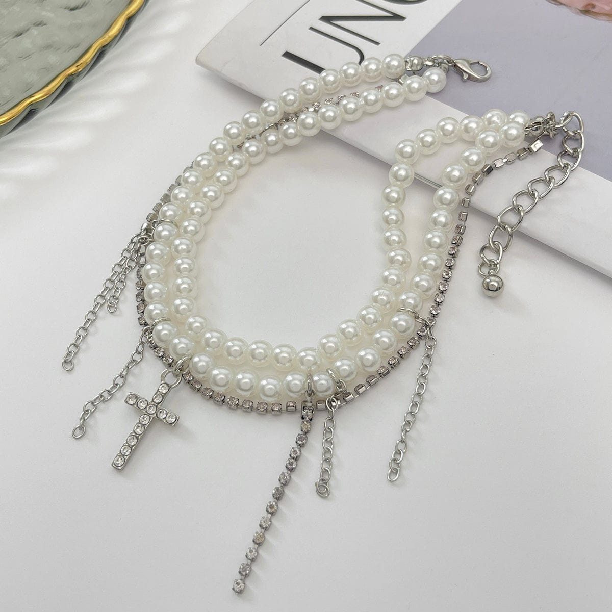 Trendy Layered Rhinestone Inlaid Cross Tassel Pearl Chain Anklet - ArtGalleryZen