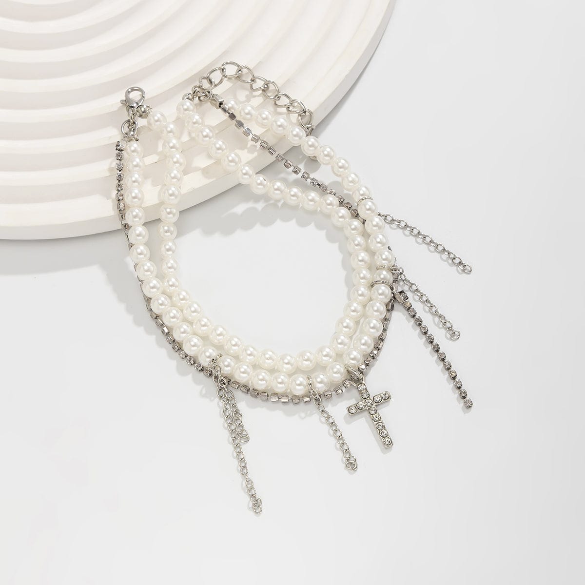 Trendy Layered Rhinestone Inlaid Cross Tassel Pearl Chain Anklet - ArtGalleryZen