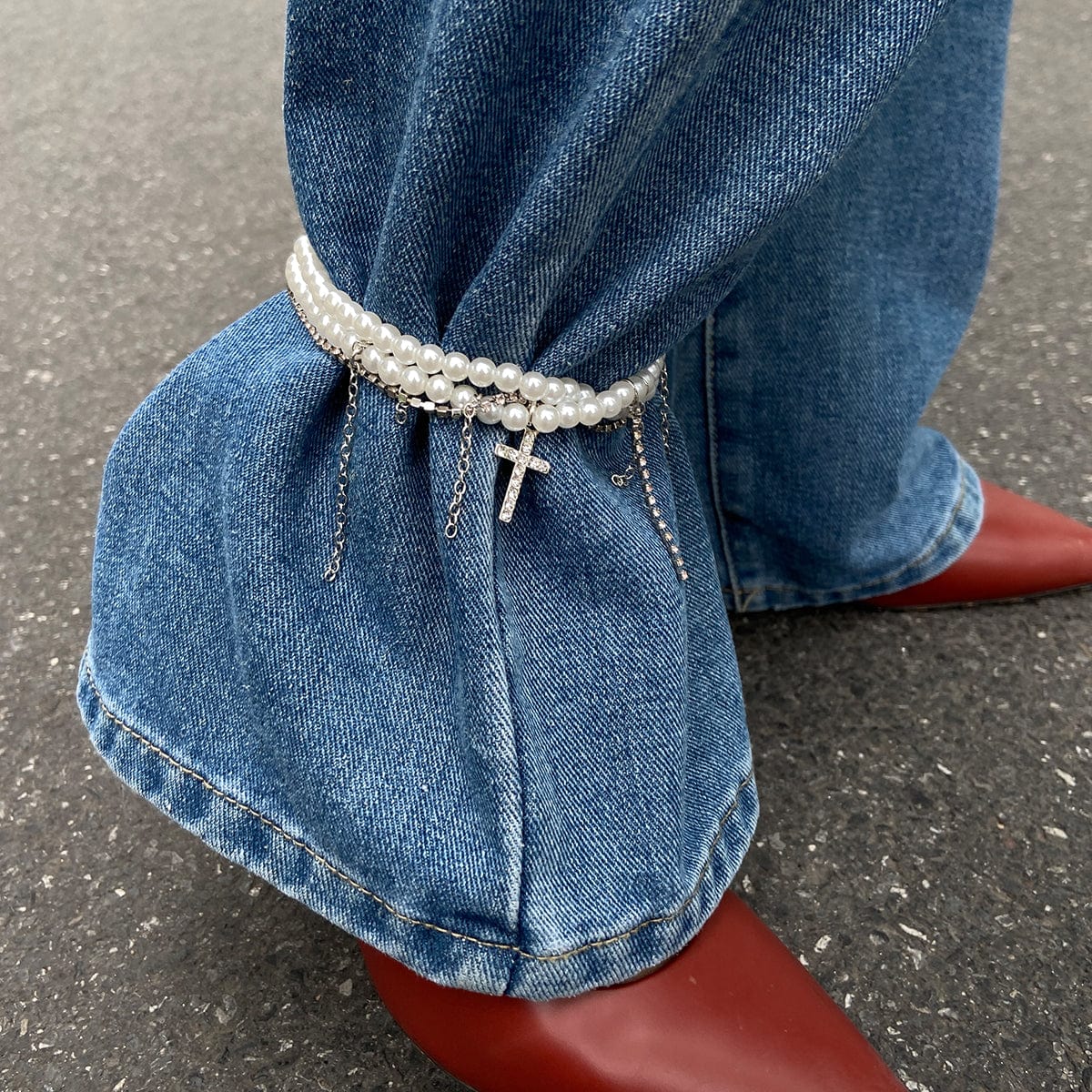 Trendy Layered Rhinestone Inlaid Cross Tassel Pearl Chain Anklet - ArtGalleryZen
