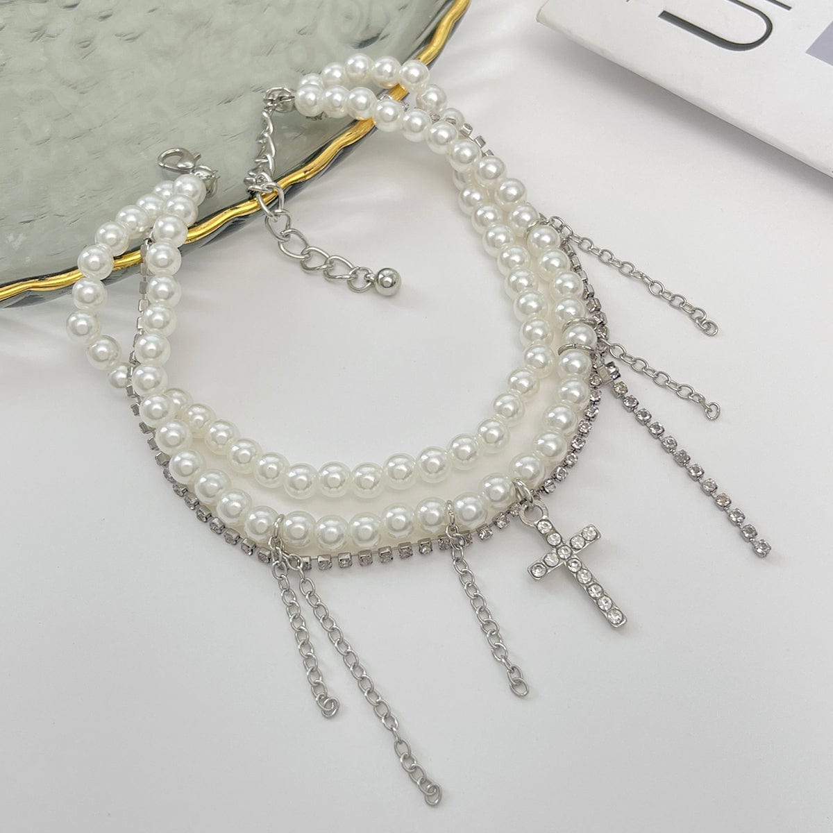 Trendy Layered Rhinestone Inlaid Cross Tassel Pearl Chain Anklet - ArtGalleryZen