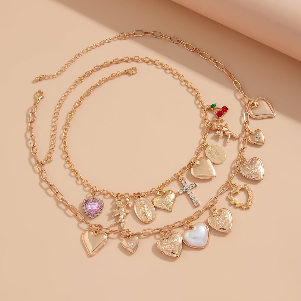 Trendy Layered Rhinestone Pearl Inlaid Heart Cross Pendant Necklace Set - ArtGalleryZen