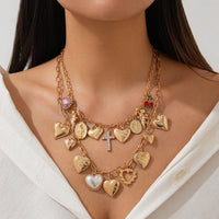 Thumbnail for Trendy Layered Rhinestone Pearl Inlaid Heart Cross Pendant Necklace Set - ArtGalleryZen
