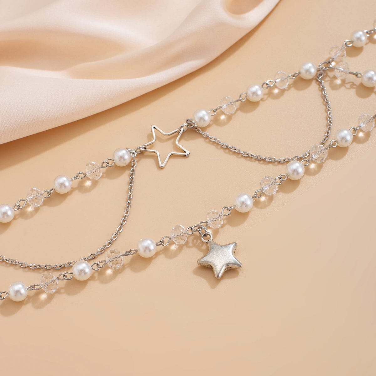 Trendy Layered Star Pendant Pearl Crystal Chain Necklace - ArtGalleryZen