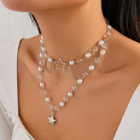Thumbnail for Trendy Layered Star Pendant Pearl Crystal Chain Necklace - ArtGalleryZen