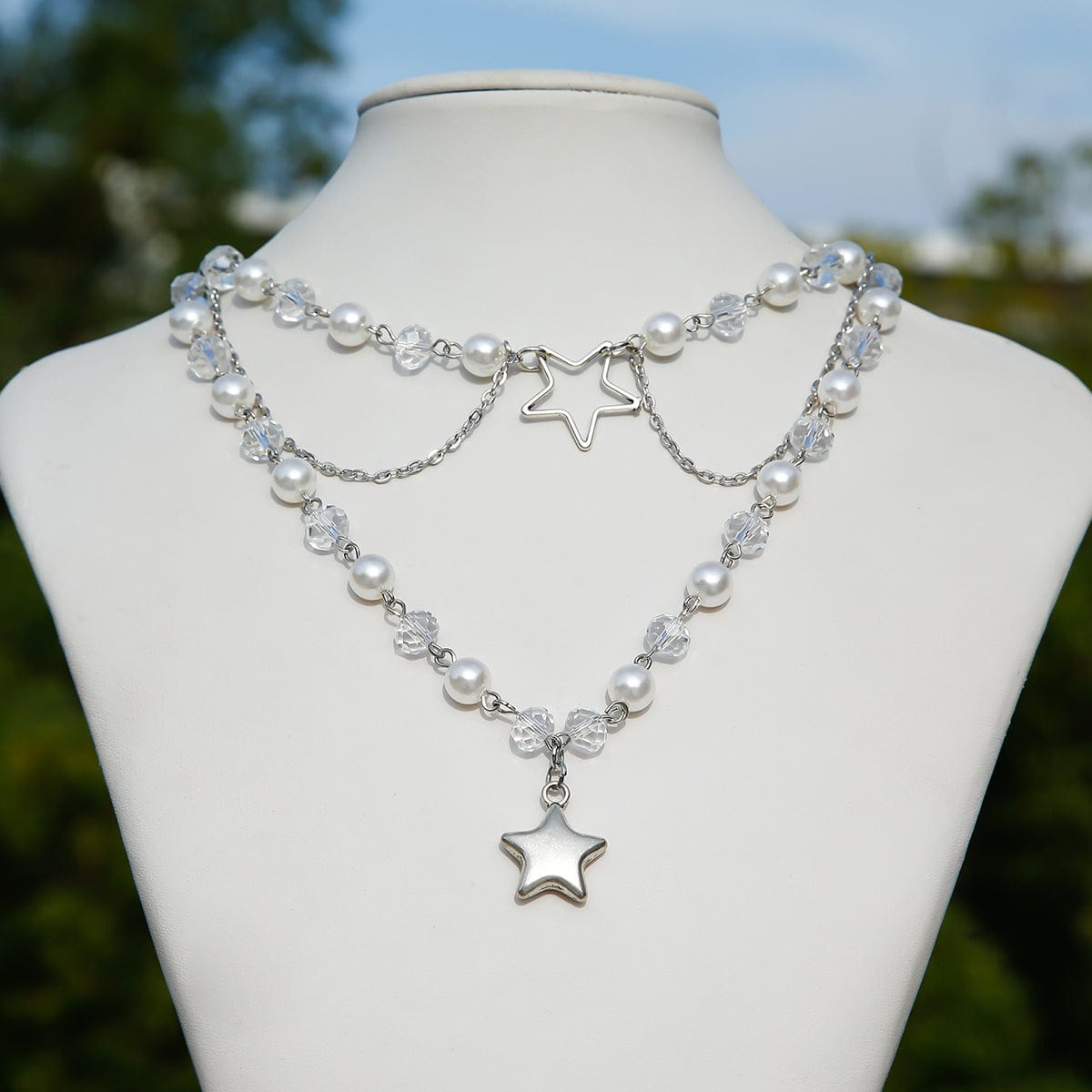 Trendy Layered Star Pendant Pearl Crystal Chain Necklace - ArtGalleryZen