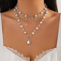 Thumbnail for Trendy Layered Star Pendant Pearl Crystal Chain Necklace - ArtGalleryZen