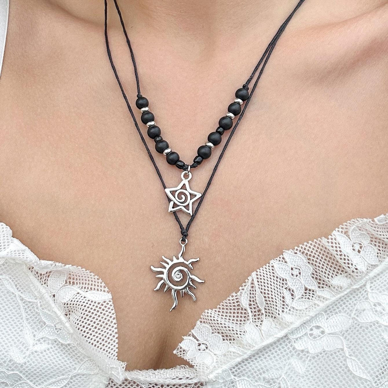 Trendy Layered Sun Star Pendant Wax Cord String Necklace Set - ArtGalleryZen