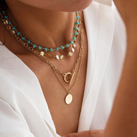 Thumbnail for Trendy Layered Toggle Clasp Round Disk Pendant Crystal Stone Necklace Set - ArtGalleryZen