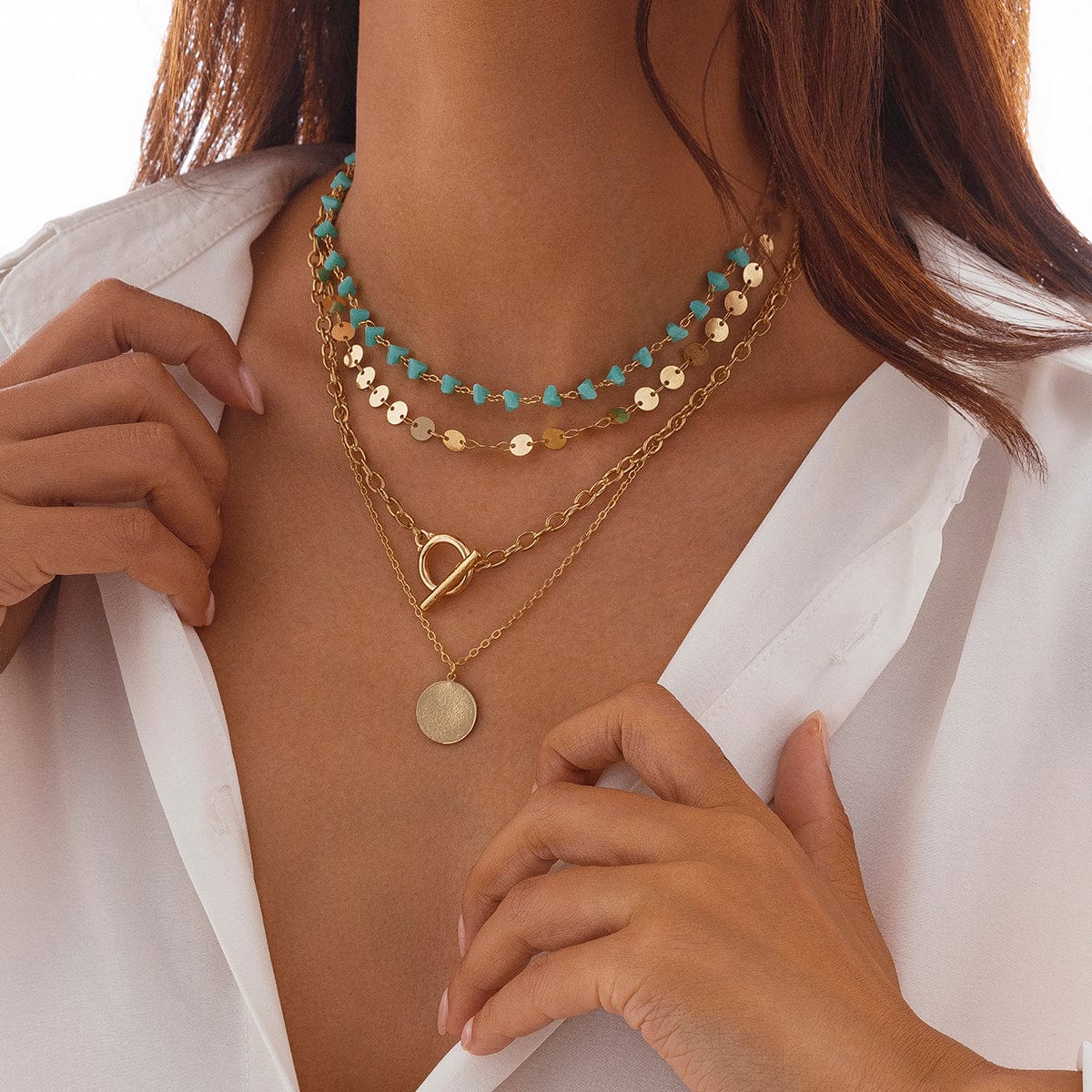 Trendy Layered Toggle Clasp Round Disk Pendant Crystal Stone Necklace Set - ArtGalleryZen
