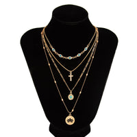 Thumbnail for Trendy Layered Turquoise Inlaid Lotus Round Disk Cross Pendant Necklace Set - ArtGalleryZen