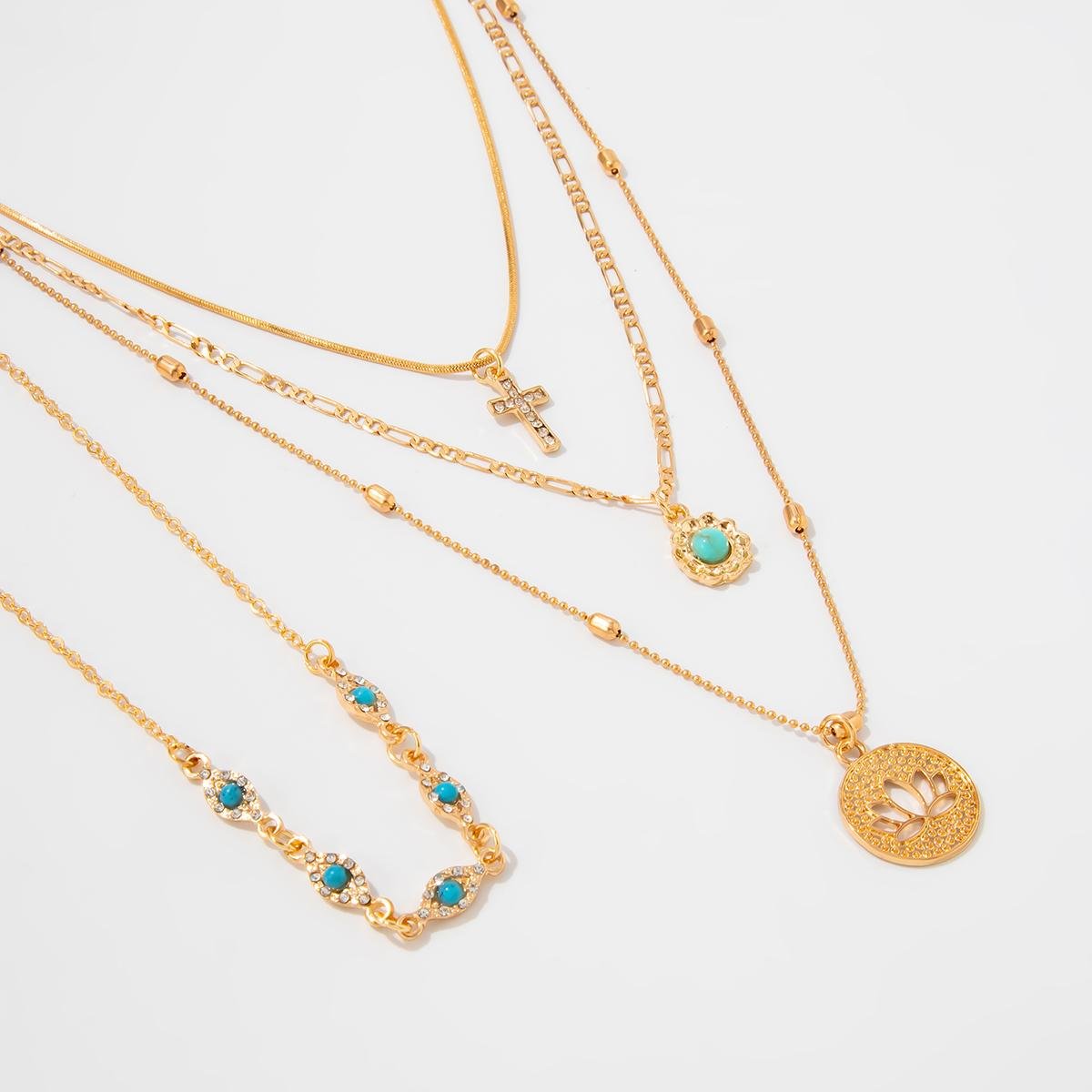 Trendy Layered Turquoise Inlaid Lotus Round Disk Cross Pendant Necklace Set - ArtGalleryZen