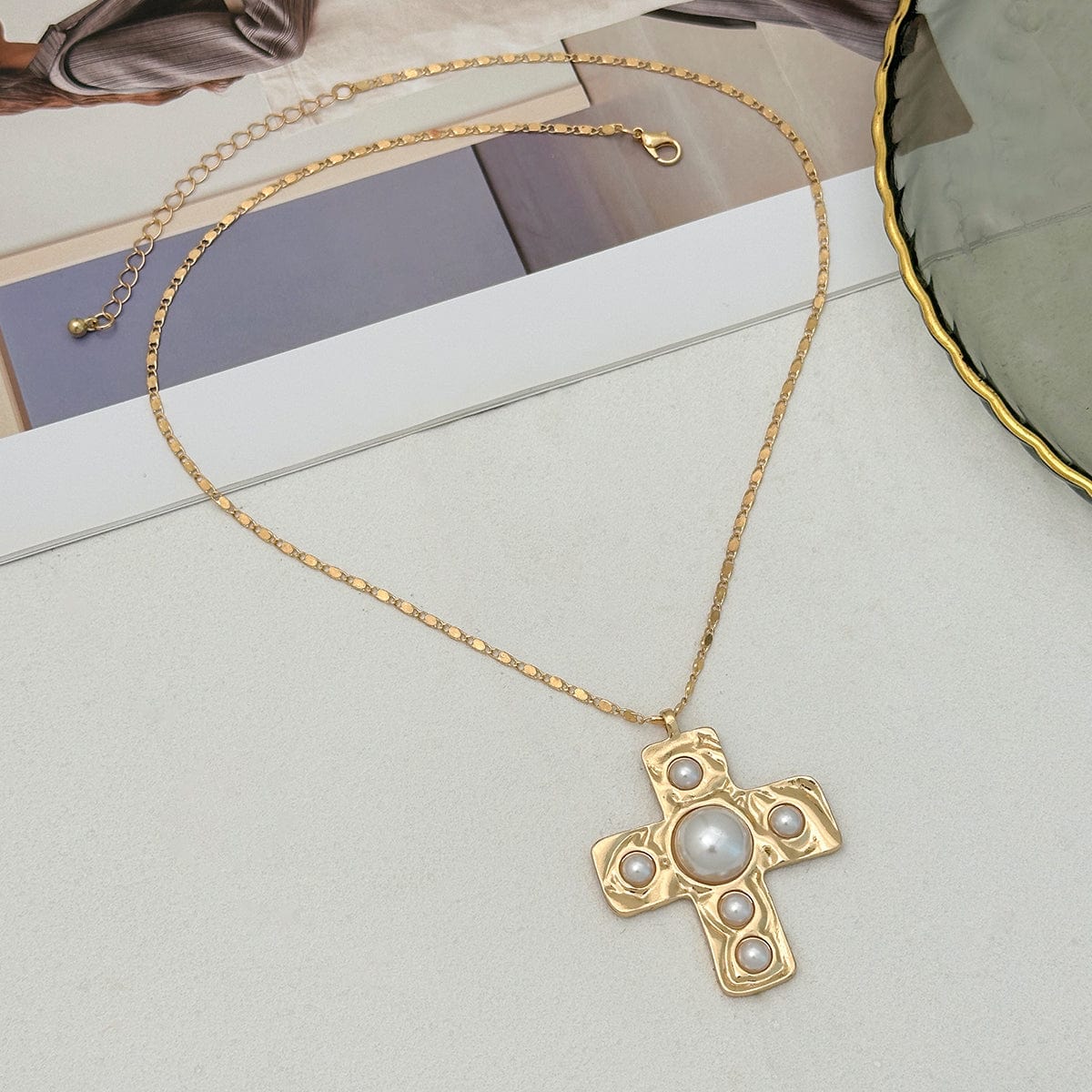 Trendy Pearl Inlaid Cross Pendant Choker Necklace - ArtGalleryZen