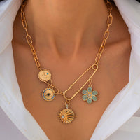 Thumbnail for Trendy Rhinestone Inlaid Flower Sun Relief Disk Charm Paperclip Necklace - ArtGalleryZen