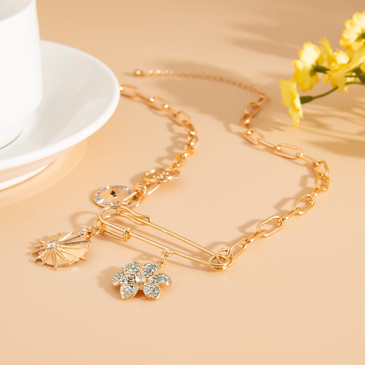 Trendy Rhinestone Inlaid Flower Sun Relief Disk Charm Paperclip Necklace - ArtGalleryZen