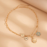 Thumbnail for Trendy Rhinestone Inlaid Flower Sun Relief Disk Charm Paperclip Necklace - ArtGalleryZen