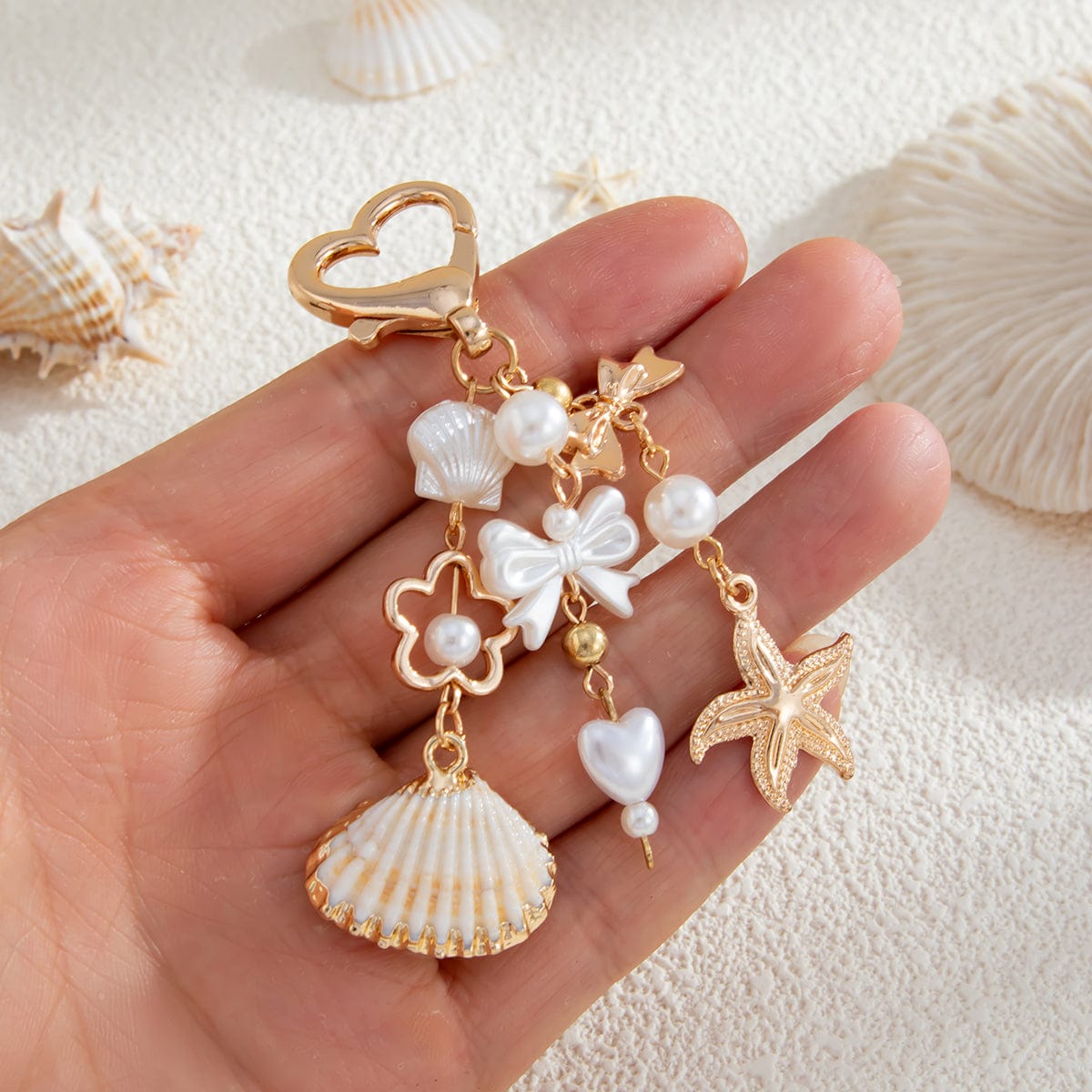 Trendy Shell Starfish Pearl Bowknot Pendant Heart Keychain - ArtGalleryZen
