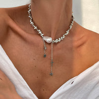 Thumbnail for Trendy Silver Tone Star Cross Tassel Pearl Charm Necklace - ArtGalleryZen