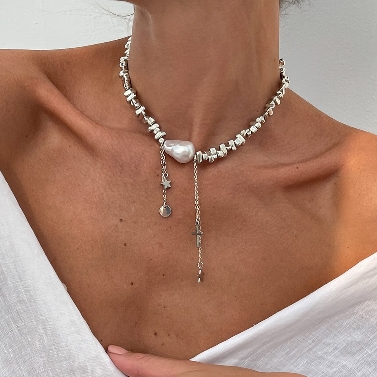 Trendy Silver Tone Star Cross Tassel Pearl Charm Necklace - ArtGalleryZen