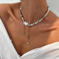 Thumbnail for Trendy Silver Tone Star Cross Tassel Pearl Charm Necklace - ArtGalleryZen