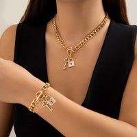 Thumbnail for Trendy Toggle Clasp CZ Inlaid Lock Key Pendant Curb Chain Necklace Bracelet Set - ArtGalleryZen
