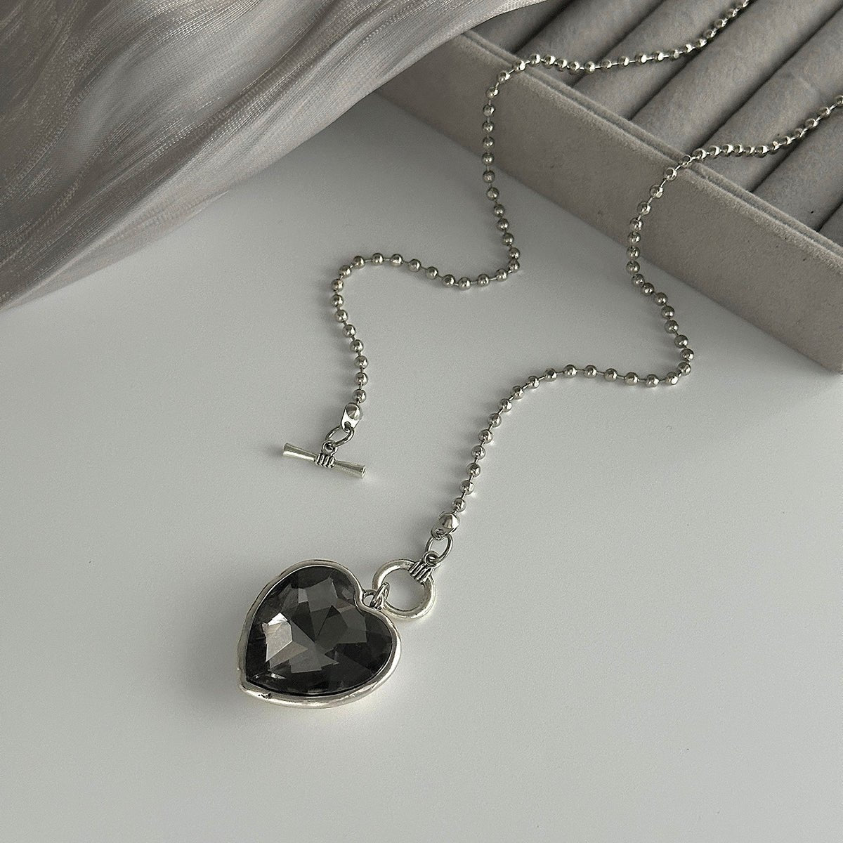 Trendy Toggle Clasp Rhinestone Heart Pendant Long Chain Necklace - ArtGalleryZen