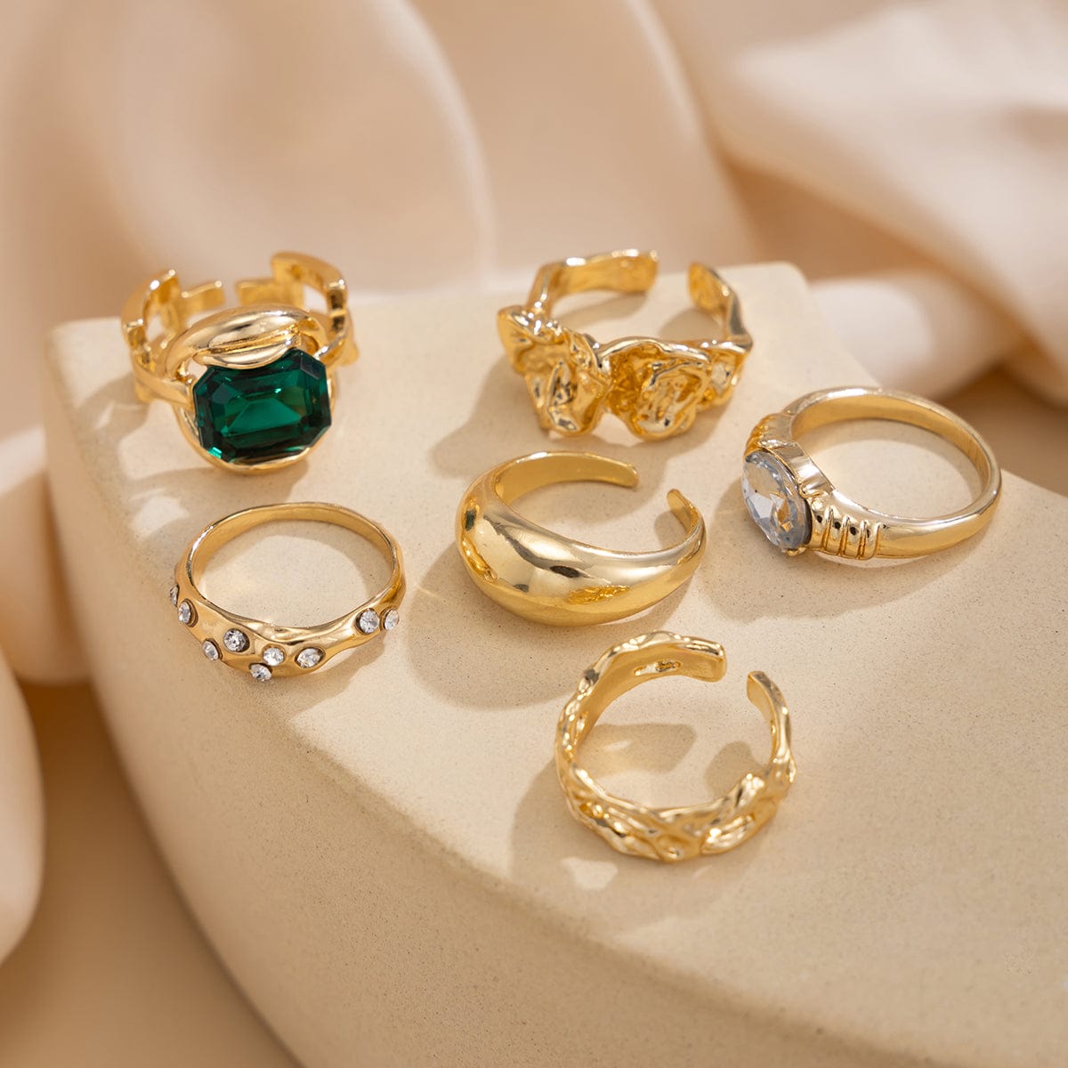 Vintage 6pcs Rhinestone Inlaid Pleated Open Ring Set - ArtGalleryZen