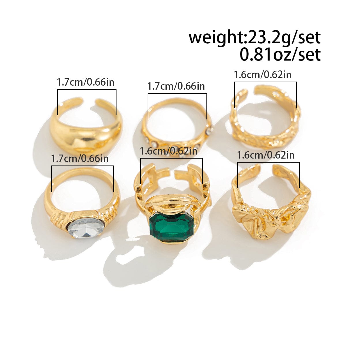 Vintage 6pcs Rhinestone Inlaid Pleated Open Ring Set - ArtGalleryZen