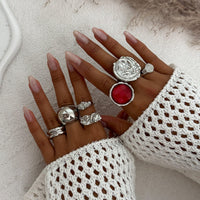 Thumbnail for Vintage 7pcs Chunky Crystal Inlaid Pleated Ring Set - ArtGalleryZen