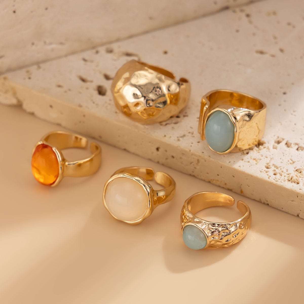 Vintage Chunky Crystal Inlaid Textured Open Ring Set - ArtGalleryZen